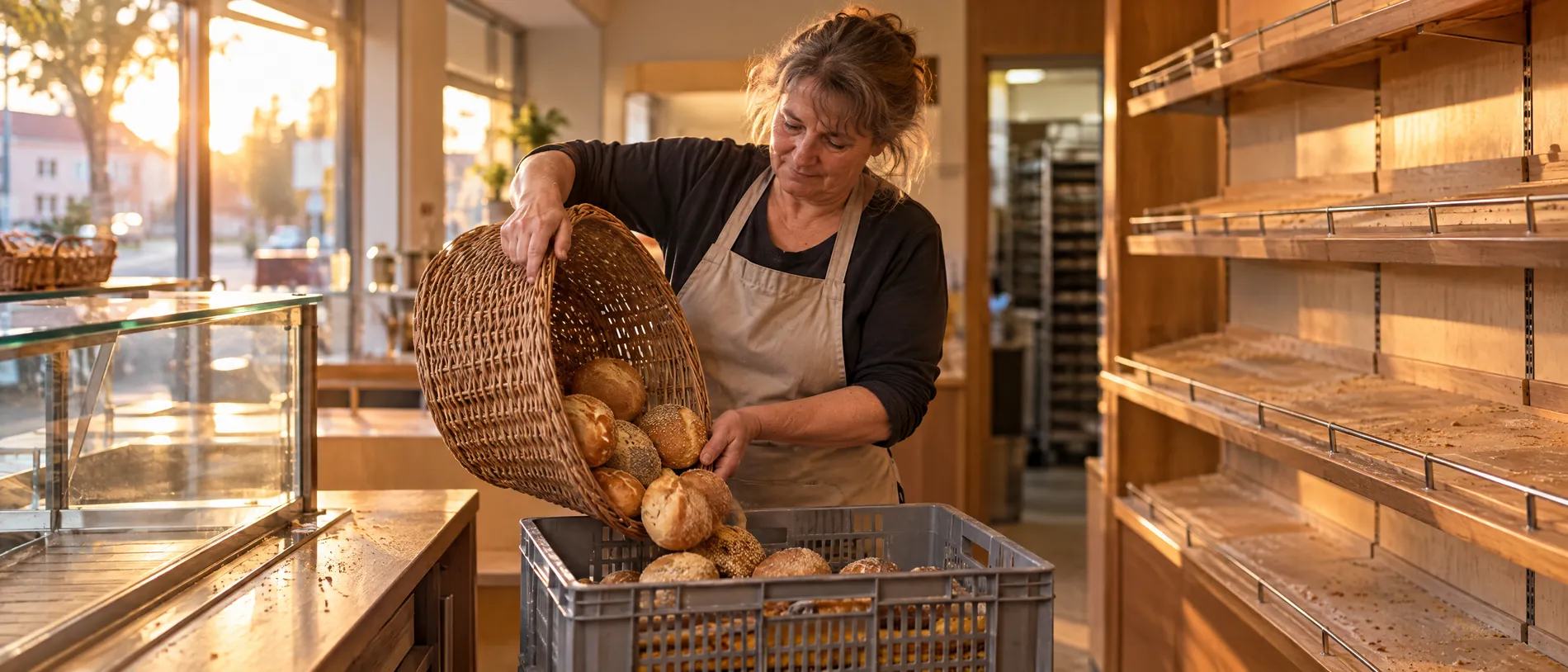Verkäuferin räumt am Abend übrig gebliebene Brötchen aus einem Korb in eine Kiste, die Regale dahinter sind fast leer