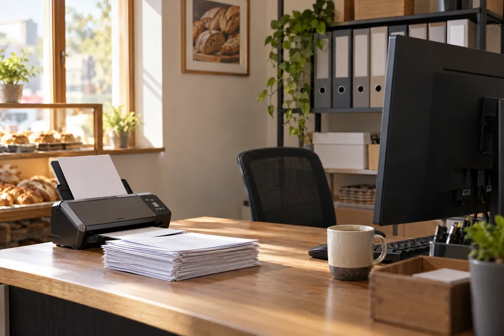 Büro-Ecke mit Scanner, Lieferscheinen und Ordnern